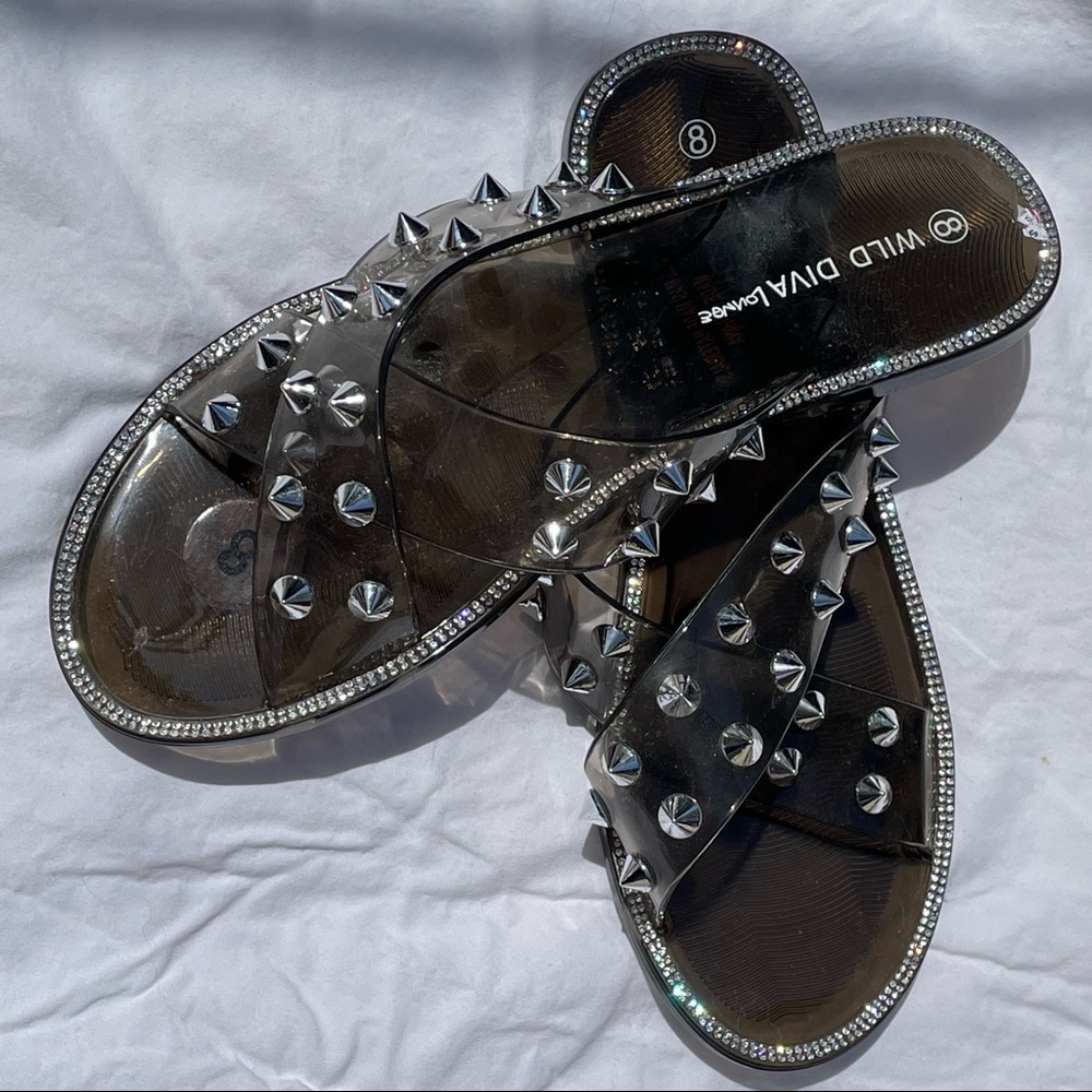 HEAVY METAL! Clear & Studded Slip-on Sandals Sz. 8 -NWOT 🩴 by “WILD DIVA”- NEW!